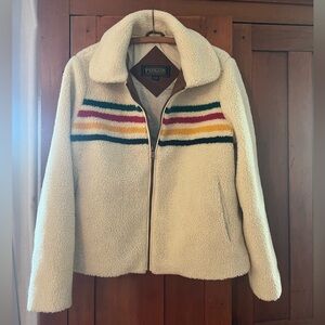 Pendleton Jacket Women's M Sherpa Fleece Striped Coat Glacier Sunset Zip Cream